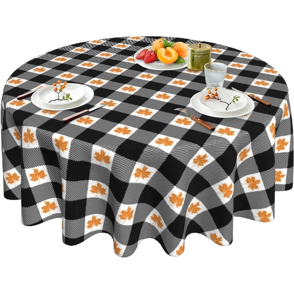 Fall Plaid Tablecloth Black and White Checkered Tablecloth Round 60 Inch Reusable Autumn Maple Leaf Tablecloth for Holiday Party Dinner Dining Table Decor