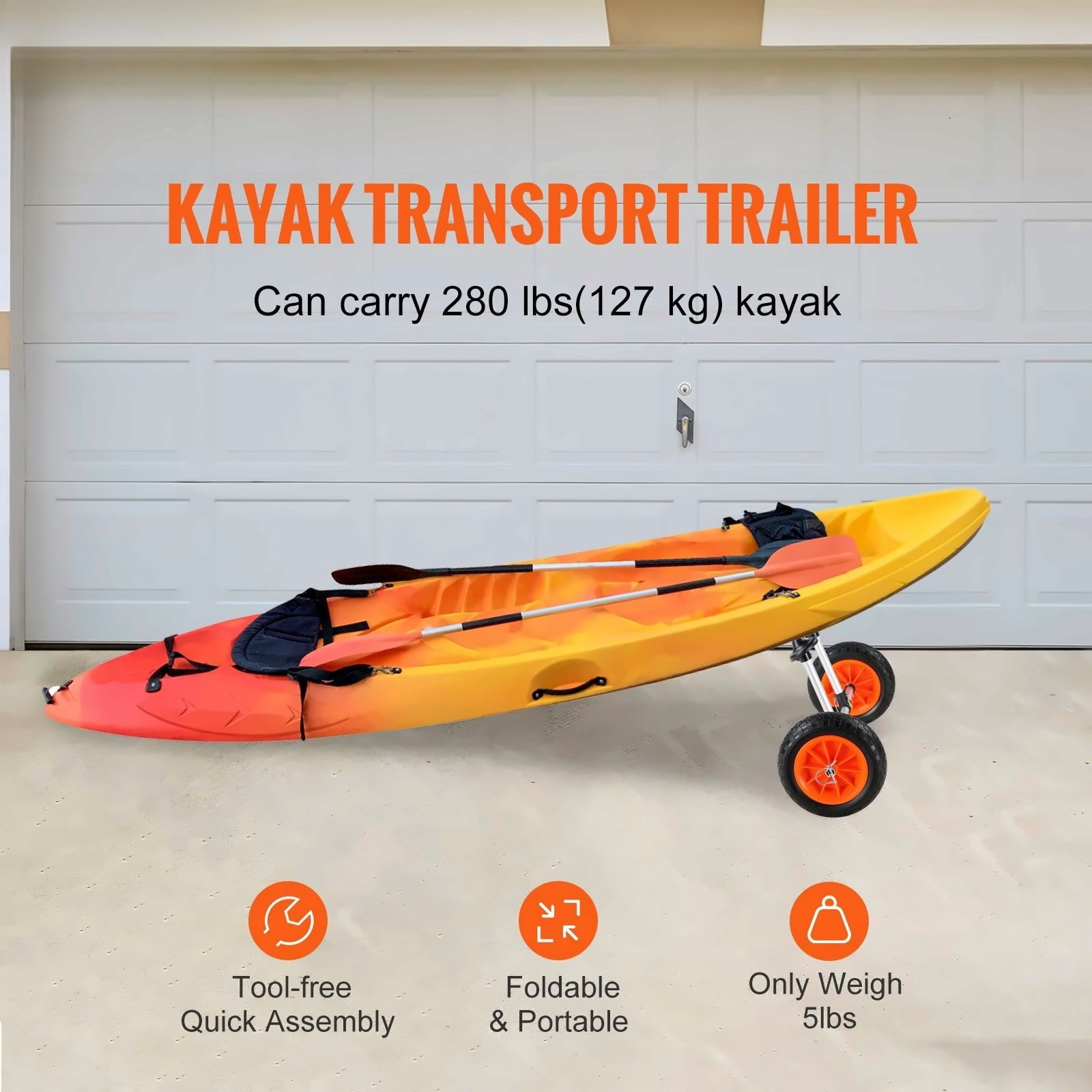 Kayak Cart Heavy Duty 280lbs Capacity - Canoe Trolley with 10'' Tires, Adjustable Width, Foam Padding - for Kayaks with 2.54cm+ Drain Holes