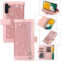 Wallet Case for Samsung Galaxy A14 5G, Bling Glitter Sparkly PU Leather Kickstand Flip Folio Wallet Purse Magnetic Handbag Zipper Pocket Phone Case with 9 Card Slots & Wrist Strap - Rose Gold
