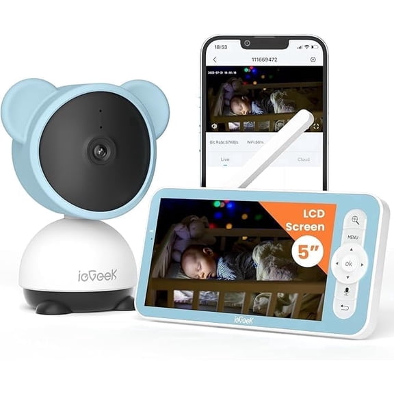 5'' Video Baby Monitor with 1080P HD Camera, WiFi Smartphone App Control, Night Vision, Sound & Motion Detection, 2-Way Talk, 360° PTZ, LCD Monitor Included, 24/7 Recording with Local Storage