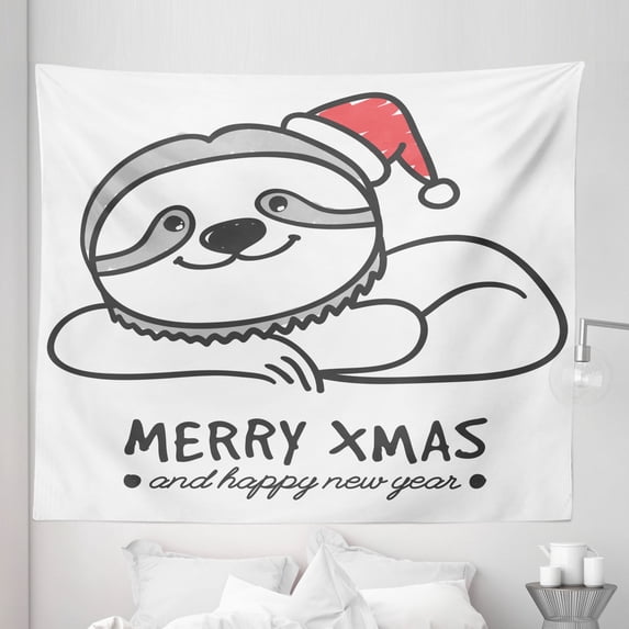 Sloth Tapestry, Smiling Animal Christmas Hat Merry Xmas and Happy New Year Celebration, Fabric Wall Hanging Decor for Bedroom Living Room Dorm, 5 Sizes, Grey Red Black, by Ambesonne