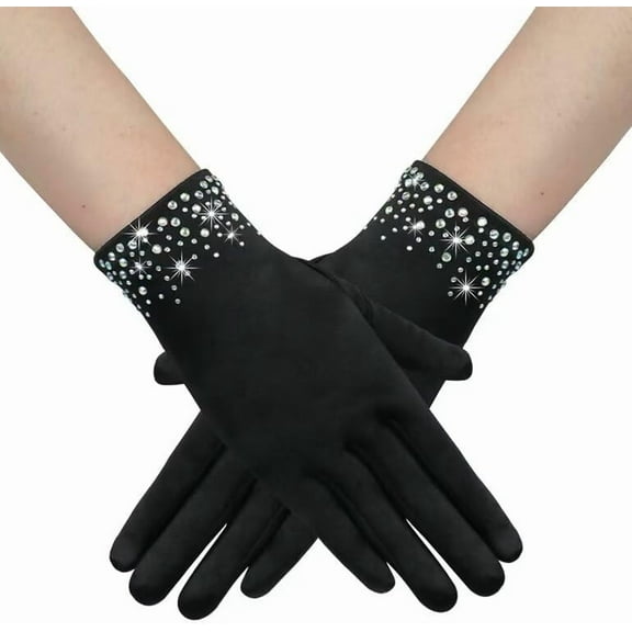 YooGuoGuo Short Rhinestone Satin Tea Party Gloves Costumes Stretchy Sparkly Glitter Wrist Length Gloves
