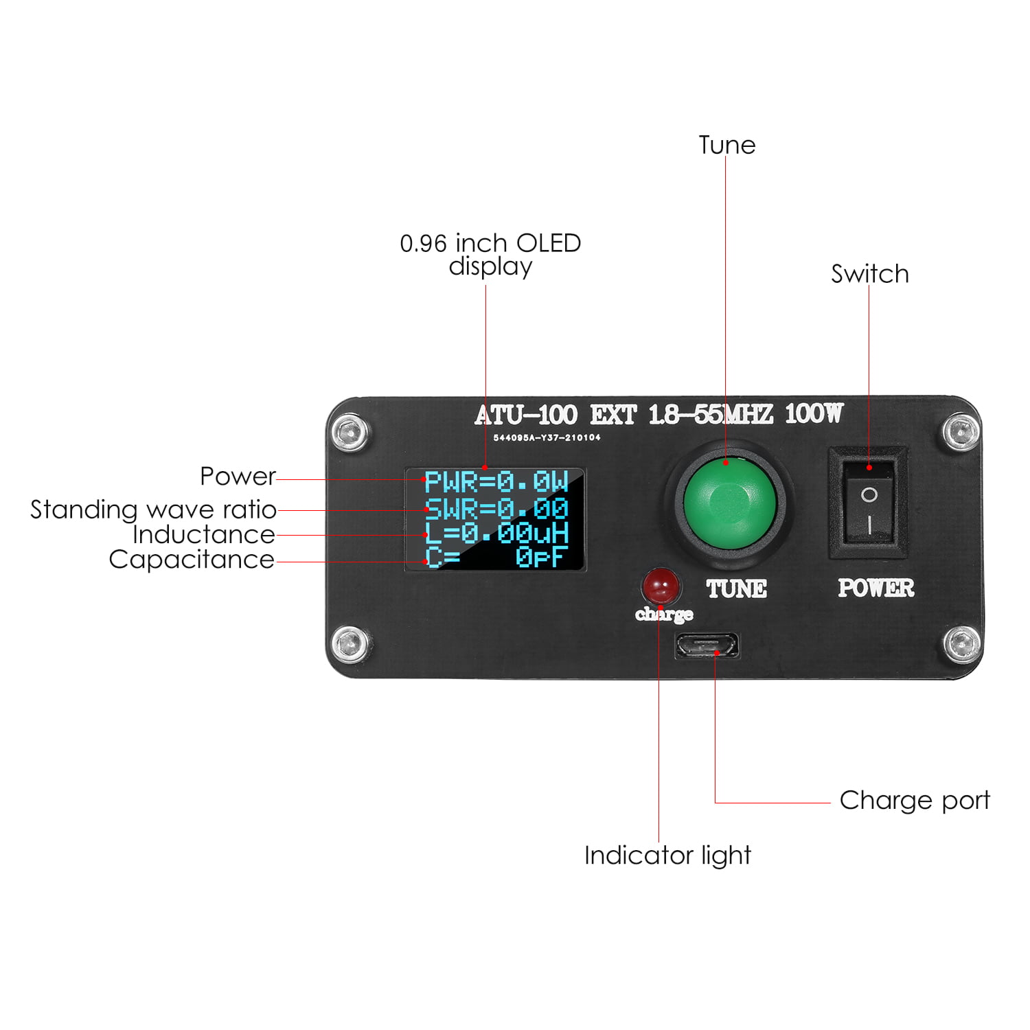 Leeofty ATU100 1.8-55Mhz Sintonizador automático de antena de onda corta USB Tipo-C Recargable con pantalla OLED de 0.96 pulgadas 