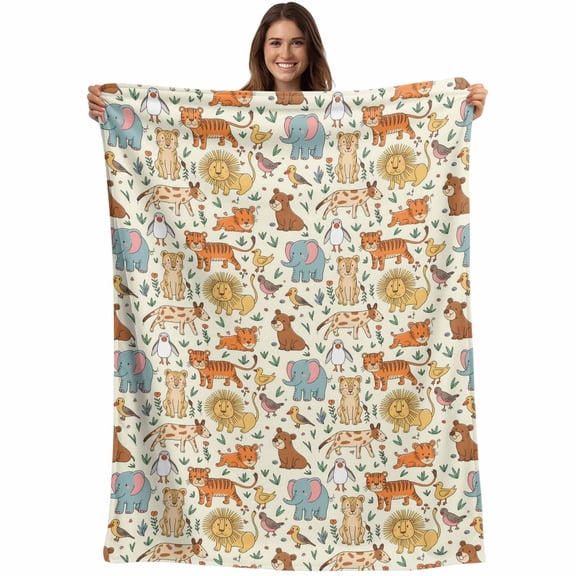 Cute Animals Zoo Blanket Soft Cozy Warm Throw Blanket for Couch, Plush Fuzzy Flannel Fleece Blankets for Sofa, Cartoon Funny Elephant Tiger Bed Blankets Lightweight Gifts for Women, 40"x50"