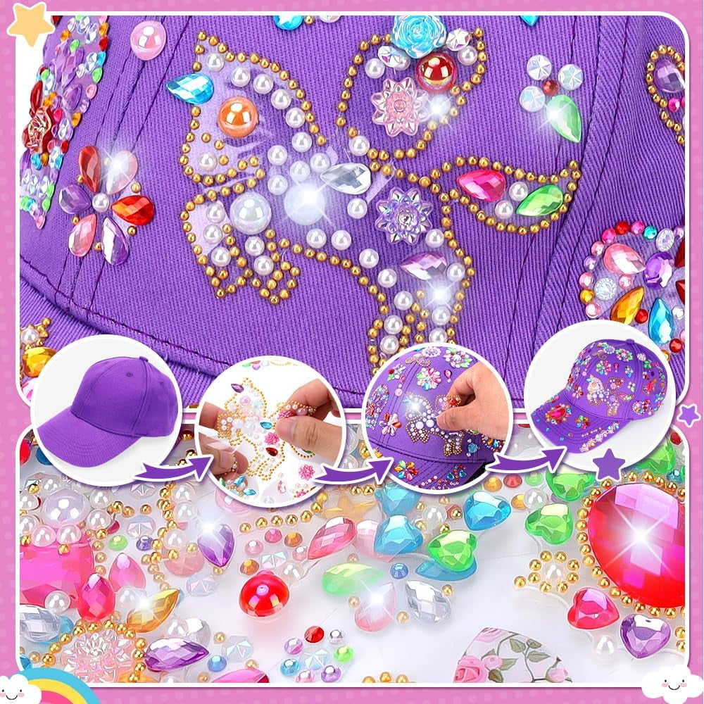 6 7 8 9 10 11 Year Old Girls Gifts, Arts and Crafts for Kids Age 4-12 Girl Stickers Baseball Caps Toys for 3 4 5 Year Old Birthday Presents for Kid Teenager Craft Kits Glitter Gem Sun Hat