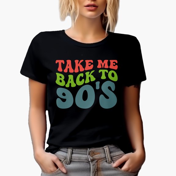 Take Me Back to 90s, 1990s Music Quote, Groovy Retro Wavy Text Merch Gift, Black T-Shirt, Small
