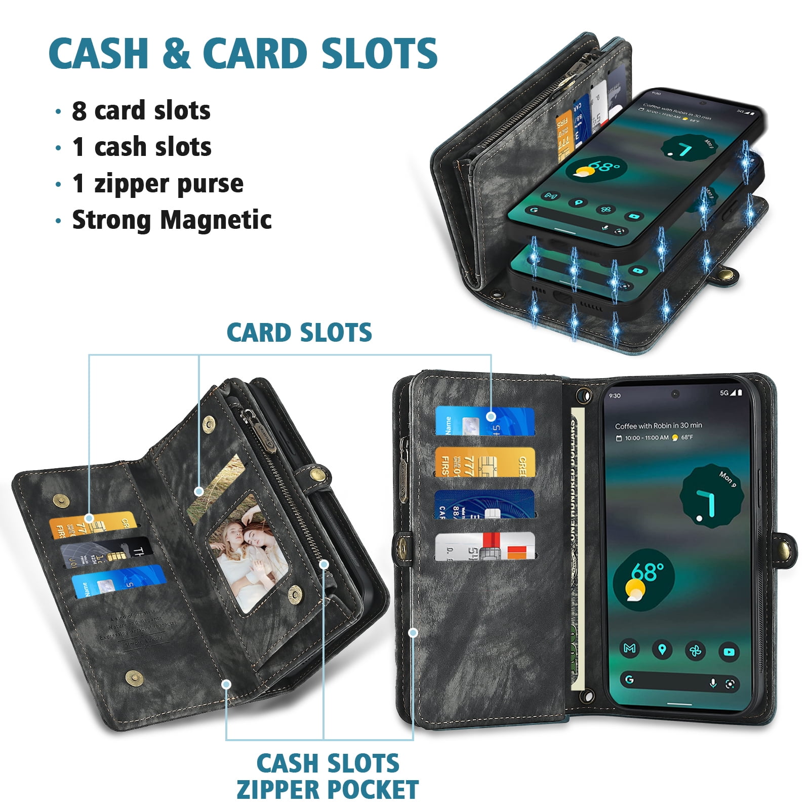 Asuwish Compatible with Google Pixel 6A 5G 2022 Phone Case Zipper Wallet Detachable Tempered Glass Screen Protector Crossbody Lanyard Strap Flip Card Holder Slot Cell Cover for Pixel6A A6 Women Black