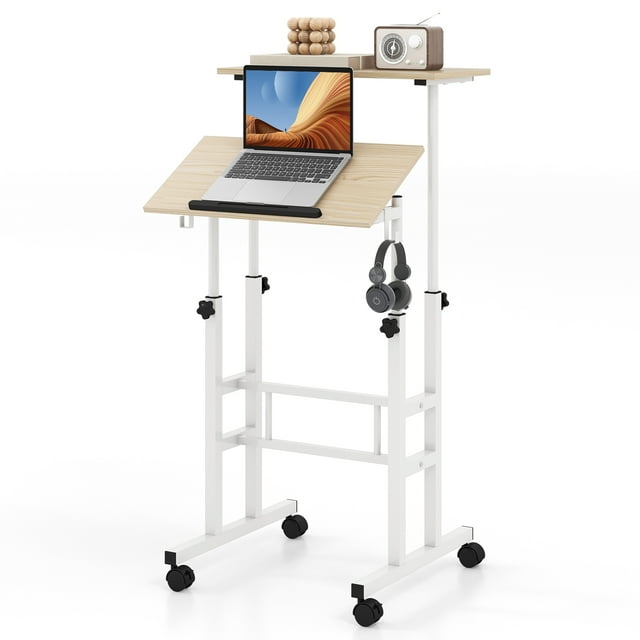 Giantex Bureau Debout Mobile, Bureau Réglable en Hauteur Assis-Debout, Bureau Portable pour Ordinateur Portable, Poste de Travail Informatique à 2 Niveaux pour Bureau à Domicile, Naturel