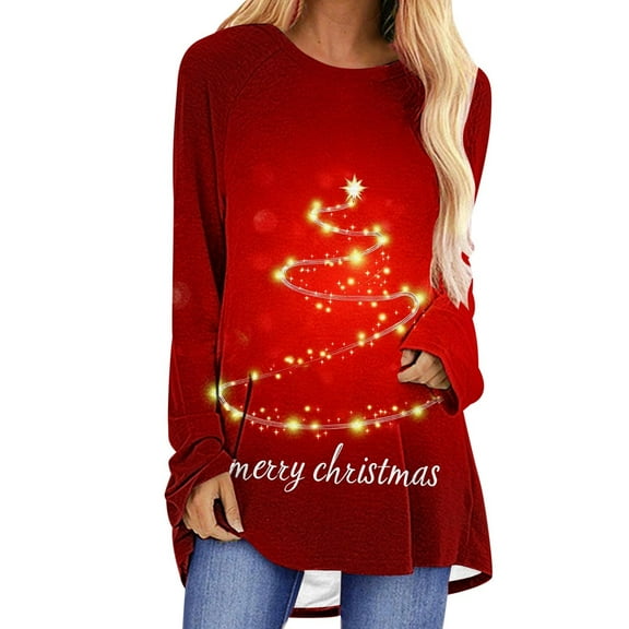 Christmas Tops for Women Christmas Tree Print Top Long Sleeve Crew Neck T-Shirt for Holiday Season Casual Blouse Fall Clothes My Items