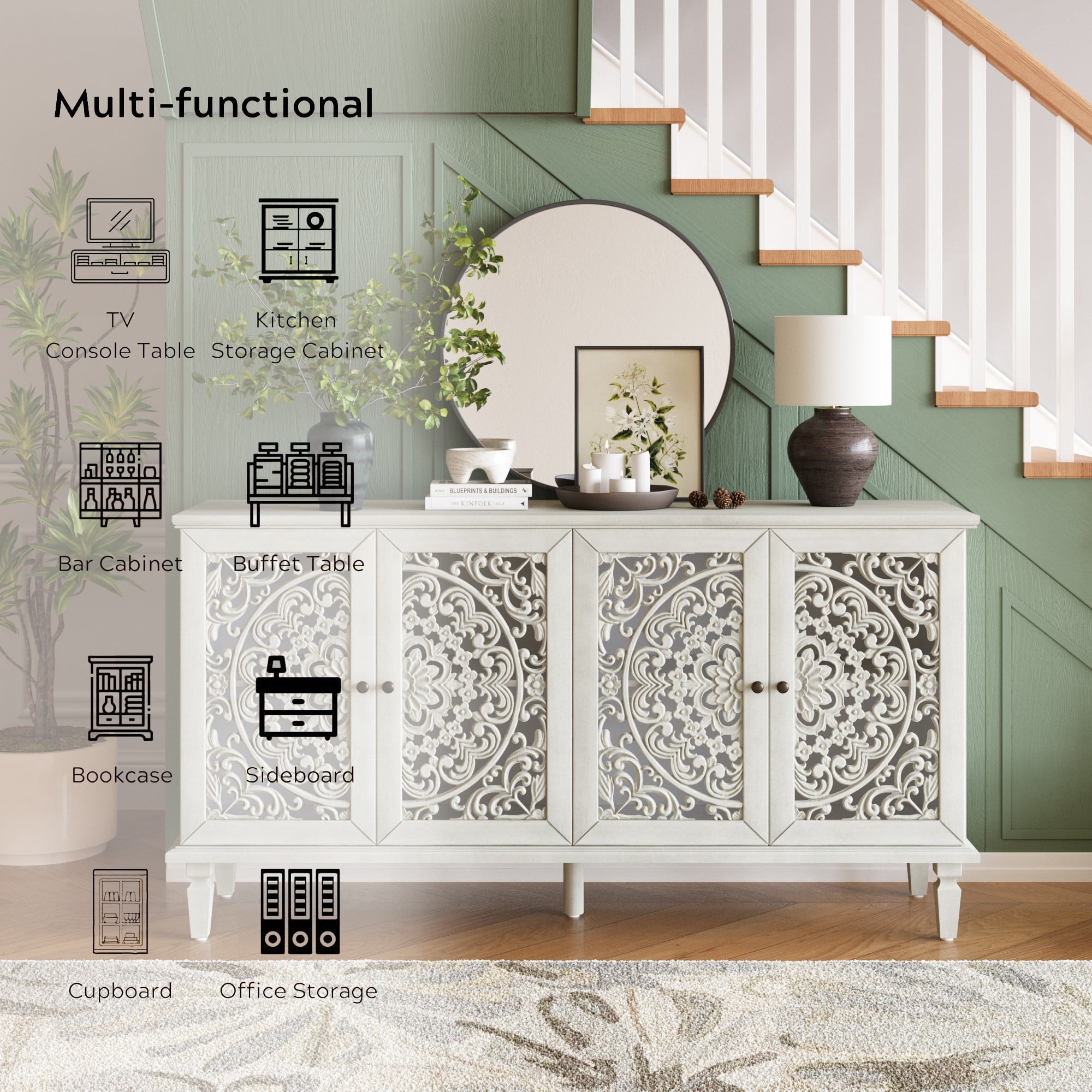 60" Antique Buffet Cabinet with Floral Carved Doors, TV Stand for 65 Inch TV, Sideboard Cabinet with Adjustable Shelves, Antique White