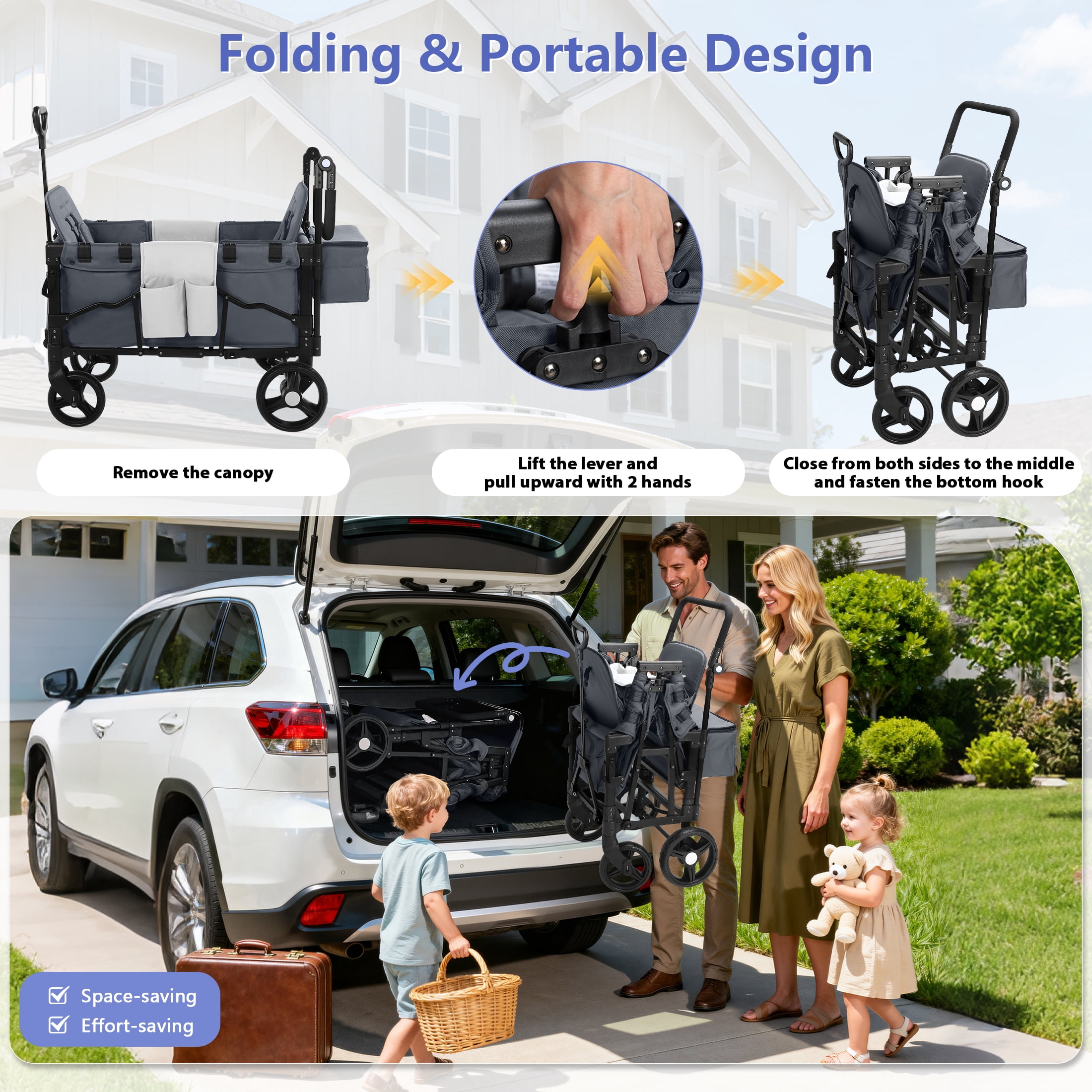 Minikid Baby Wagon Stroller for 2 Kids,Toddler Stroller With Canopy, Gray