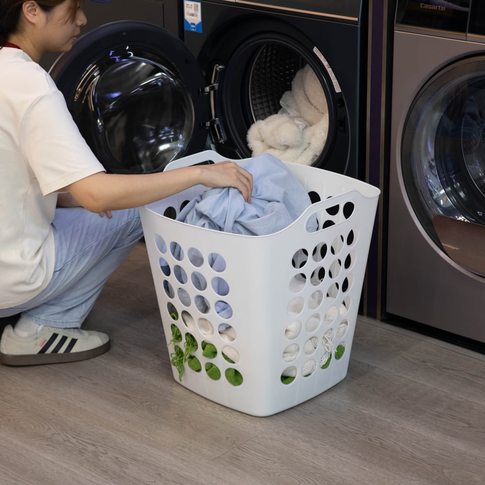 Flexible Plastic Laundry Basket - Square Storage Hamper with Side Handles for Easy Carrying - Versatile Organizer for Laundry, and Household Storage, White 50 Litter