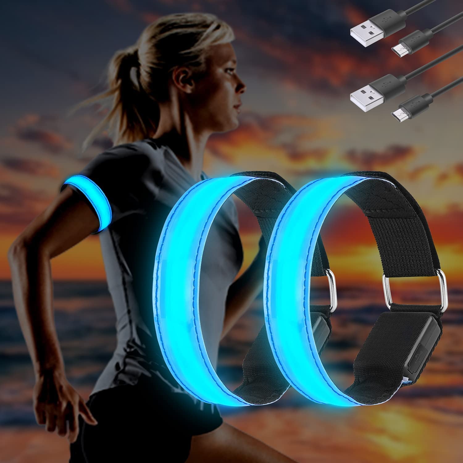 Husfou Running Light Light Up LED Armbands USB Rechargeable for Running Safety Ligh for Runners, Dogs, Bike, Walking,Joggers, Reflective LED Running Armband, Blue