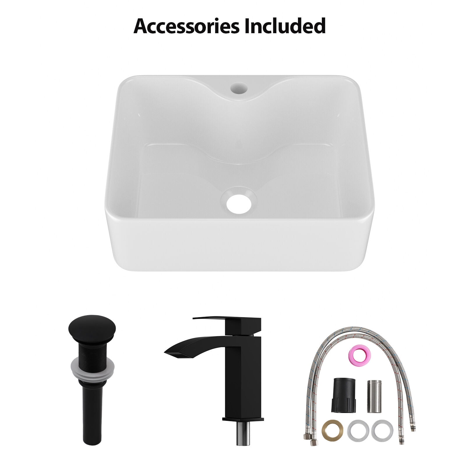 Modern Bathroom Vanity 16"x12" White Ceramic Rectangular Vessel Bathroom Sink with Black Faucet & Black Drain,Wooden Bathroom Vanity
