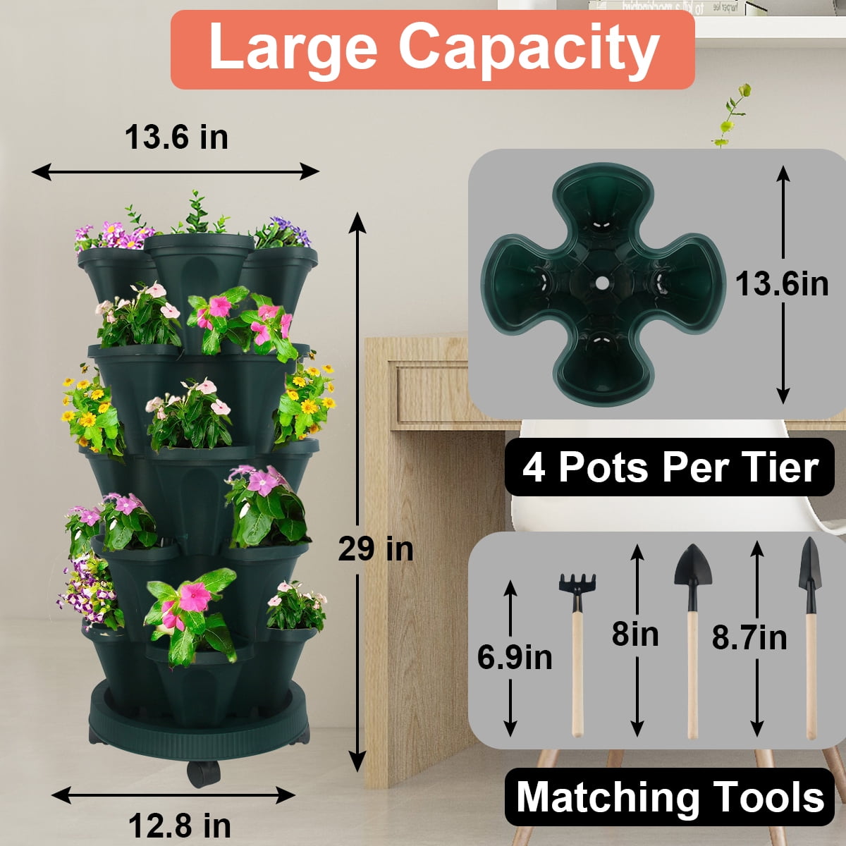 Gamexcel 5-Tier Green Plastic Stackable Planter Box with Tools