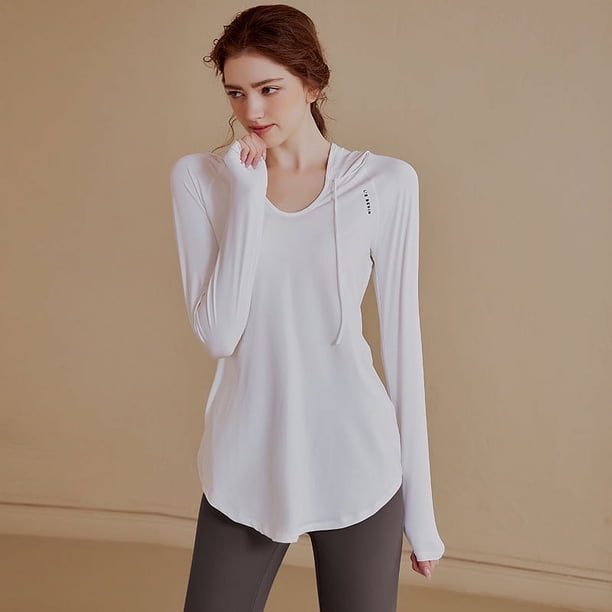 Ropa de fitness para mujer, camisetas deportivas casuales de manga larga sueltas, camisetas de yoga de longitud media, camisetas de fitness con capucha, suéteres