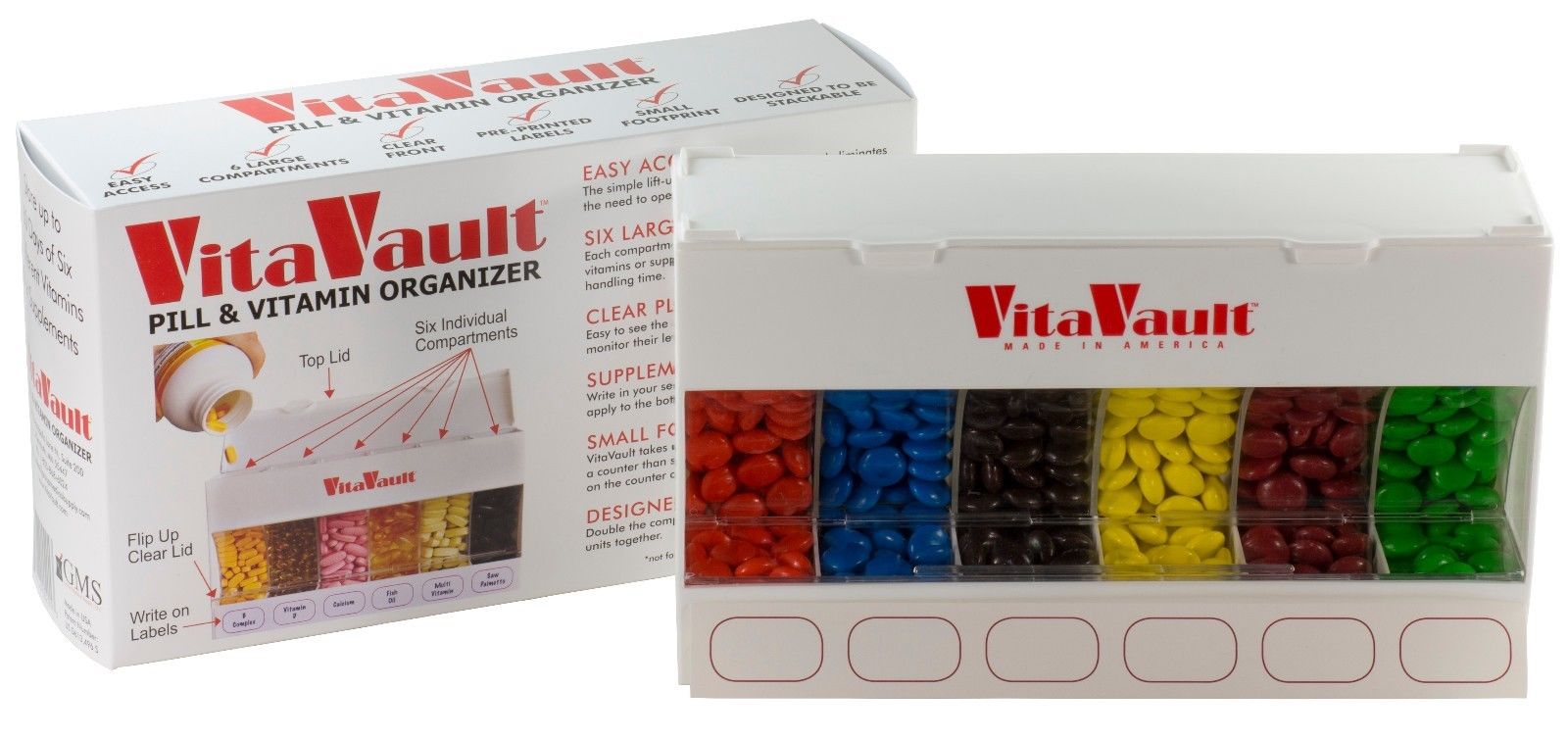 VitaVault 6 Compartment Pill and Vitamin Dispenser with Filler Funnel