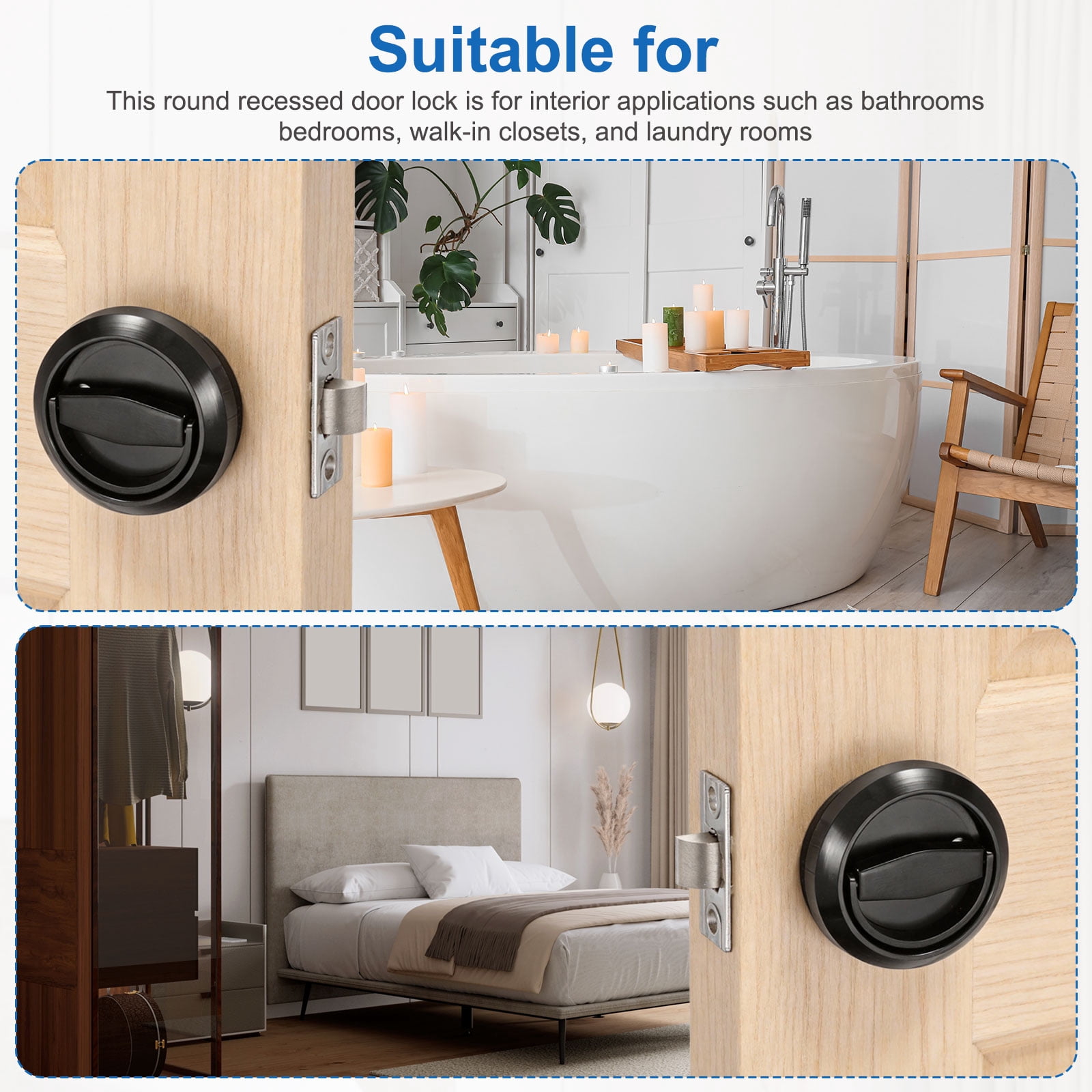 Uxcell Round Recessed Door Lock, (Lock Length 3.46 Inch, Silver) (1 Set), Recessed Door Knob, Suit for - Bedrooms/Kitchens/Bathrooms