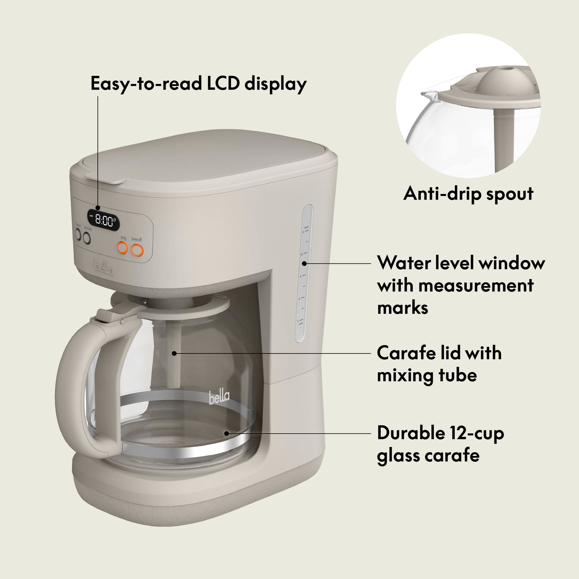 bella 12 Cup Programmable Drip Coffee Maker with Glass Carafe, Auto Shut-Off, Oatmilk