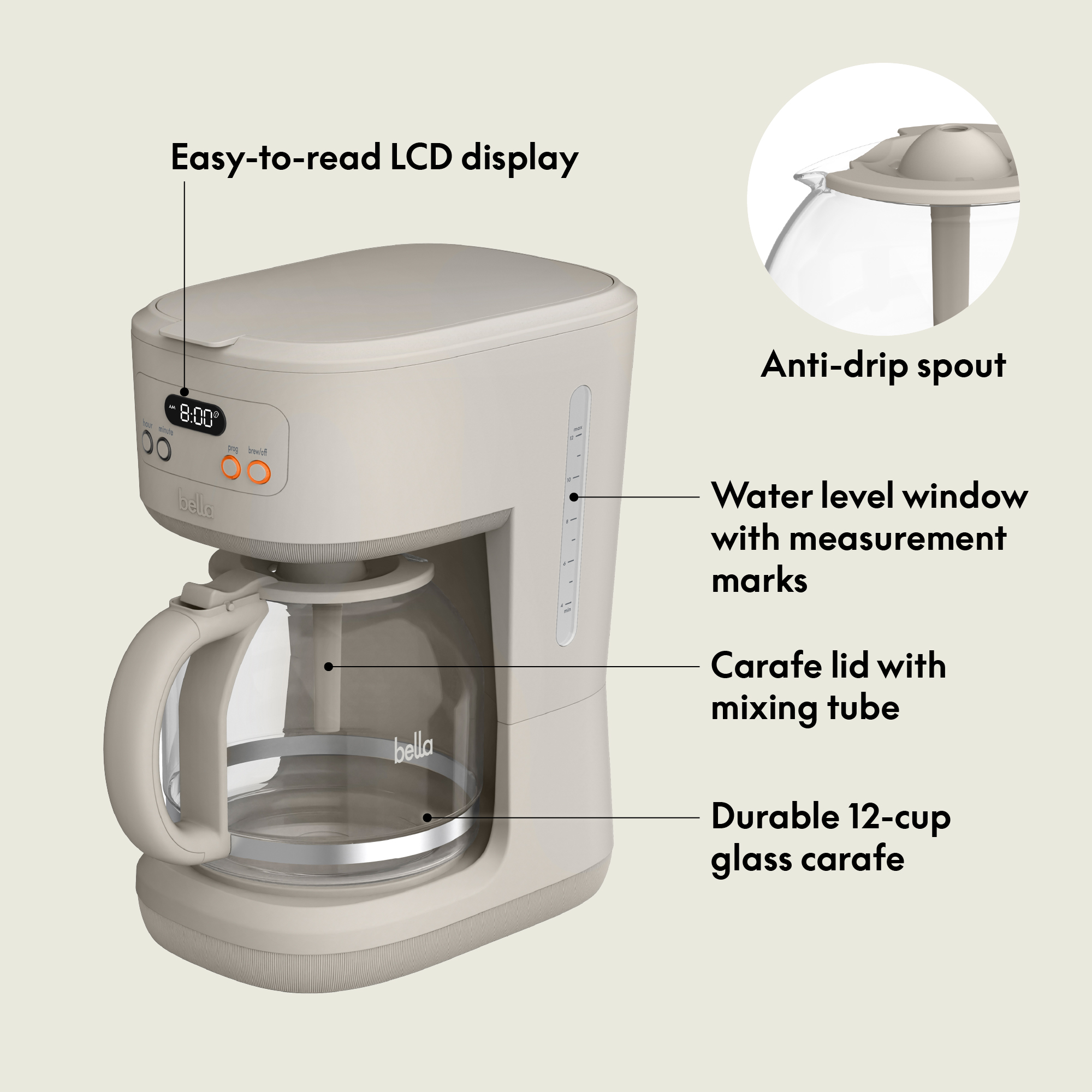 bella 12-Cup Programmable Drip Coffee Maker, Oatmilk photo 2
