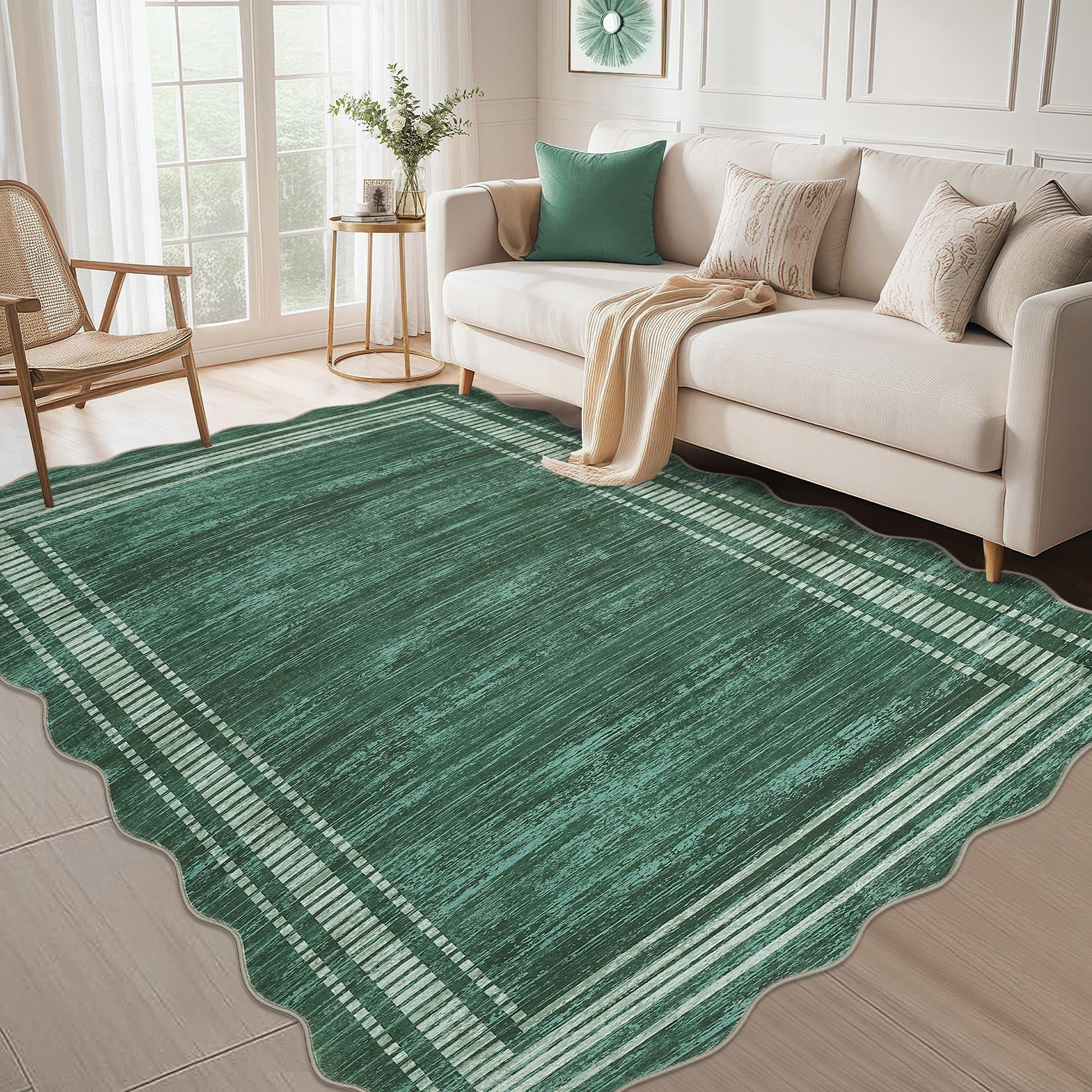 Scalloped Modern Christmas Area Rug 8x10 Washable Rug for Living Room, Non-Slip Soft Carpet for Bedroom, Scalloped Low-Pile Christmas Print Accent Rug for Dining Room Home Office, Green