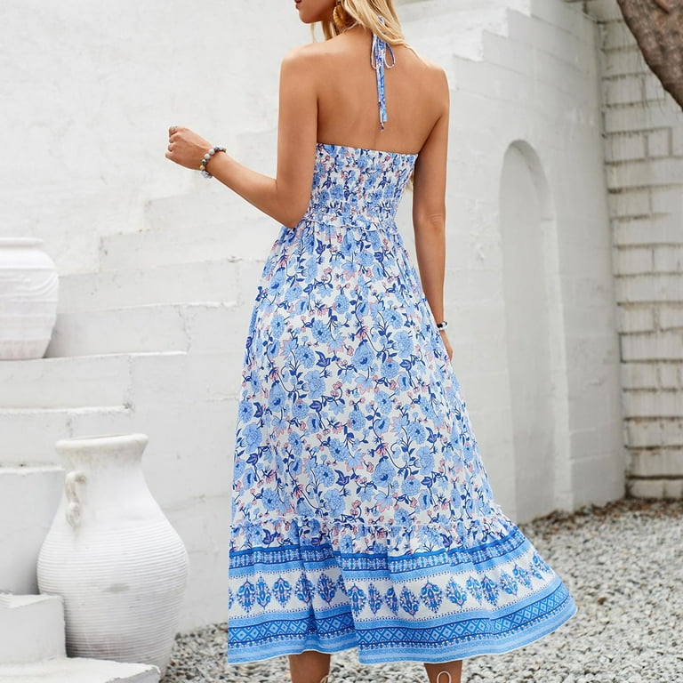 vigerkar Women's Halter Dresses Floral Boho Long Maxi Dress Summer Beach  Flowy Sundress Blue, XL - Walmart.com