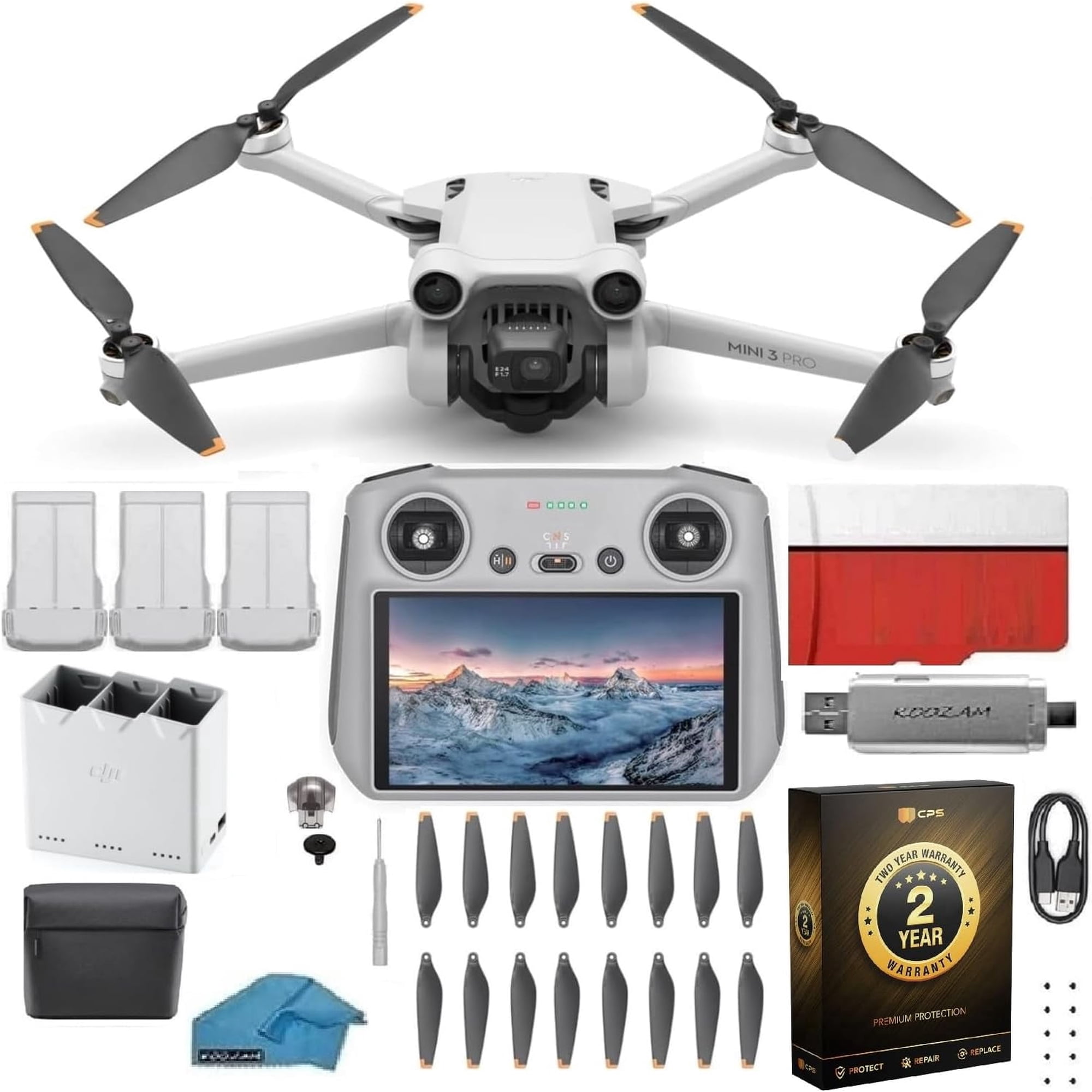 DJI Mini 3 Drone with DJI RC Remote (Built-In Screen), 4K Camera, 38-Min Flight Time, Fly More Combo Bundle with 128GB SD Card, USB 3.0 Reader & 2-Year Warranty