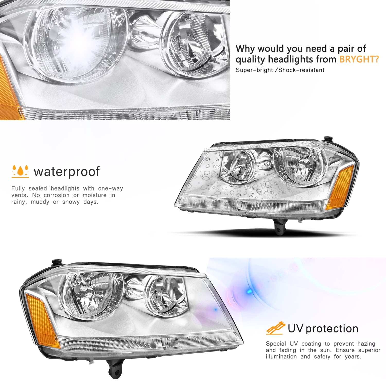 For 2008-2014 Dodge Avenger Headlights Assembly Chrome Housing Amber Corner Lamp