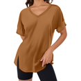 thumbnail image 1 of Camiseta de manga corta de color liso con cuello en V para mujer - Top de verano holgado - Poliéster spandex transpirable - Fácil de cuidar - Tallas S-XXL, 1 of 4