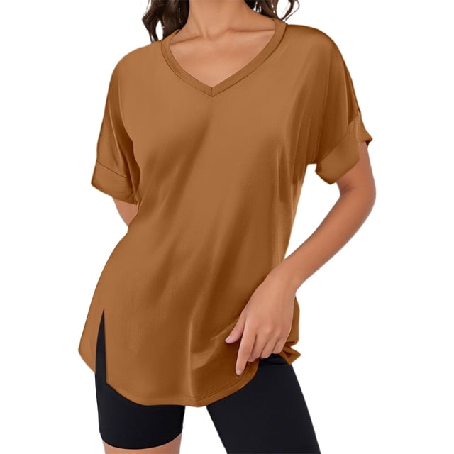 Camiseta de manga corta de color liso con cuello en V para mujer - Top de verano holgado - Poliéster spandex transpirable - Fácil de cuidar - Tallas S-XXL