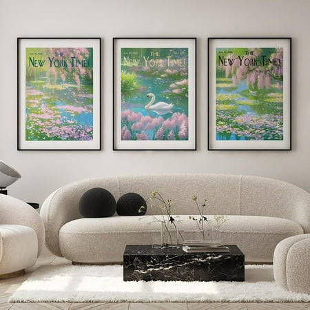 UNFFRAMED New York Times Wall Art Set Of 3 Swan Lake New York Posters, Cherry Blossom Decor, Vintage Nature Poster, Floral Nyt Newspaper Art Set 3 Prints 8x12