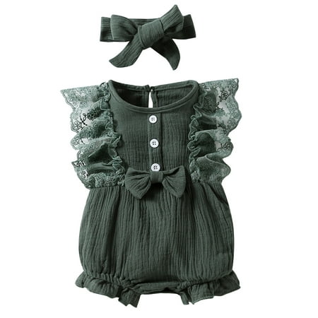 

IZhansean Newborn Baby Girls Clothes Ribbed Lace Flutter Sleeve Romper Jumpsuit Bodysuit+Headband Summer Outfits Green 18-24 Months