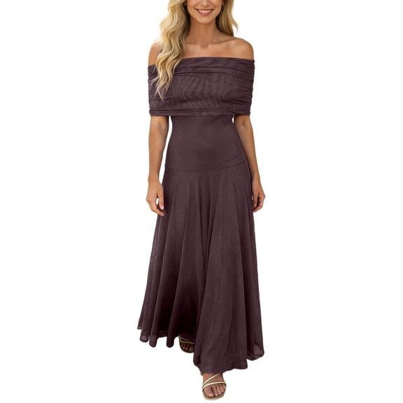 DHFJKG Summer Dresses For Women Off Shoulder Maxi Dress Chiffon Short Sleeve Party Flowy A-Line Wedding Guest Dress Cozy Dresses