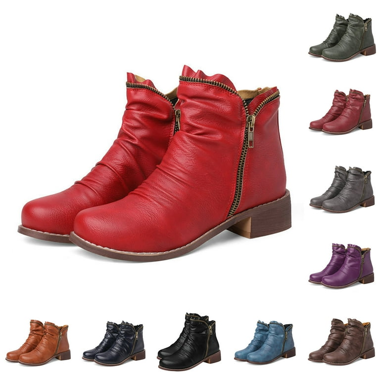 Fashion Wrinkled Double Zipper Red Ankle Booties for Women 9 / Red