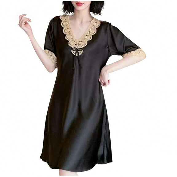 Women's Ice Silk Long Nightgown Sleepwear Lace Trim V NeckNightie Hlaf Sleeves Nightshirt