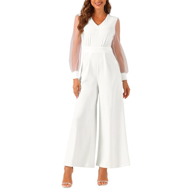 INSPIRAR CHIC Mono de Mujer Cuello en V Manga Larga Pierna Ancha Rompers de Fiesta XS Blanco