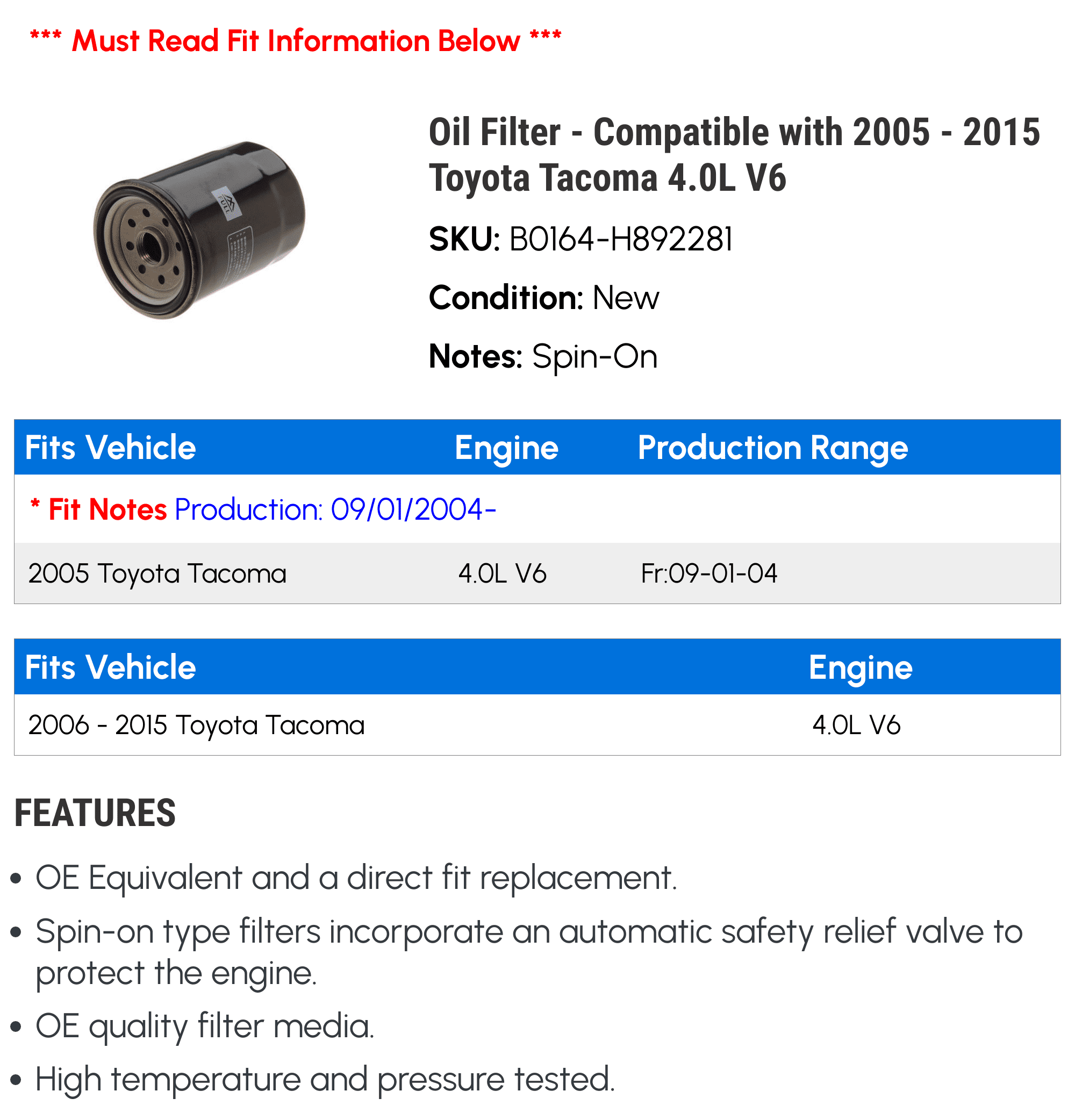 Oil Filter - Compatible with 2005 - 2015 Toyota Tacoma 4.0L V6 2006 2007 2008 2009 2010 2011 2012 2013 2014