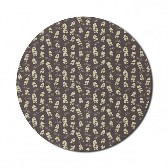 Amsterdam Mouse Pad for Computers, Retro Houses and Bicycles Pattern Architecture and Urban Life in Holland, Round Non-Slip Thick Rubber Modern Mousepad, 8" Round, Dark Taupe Cream, by Ambesonne