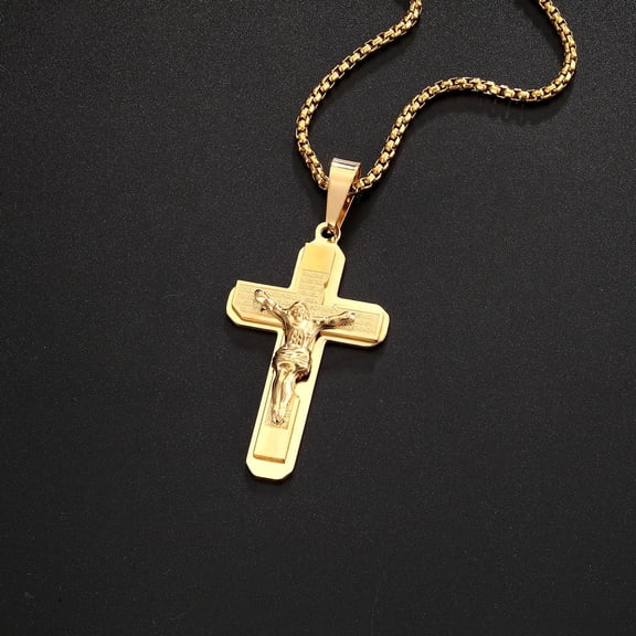 14K Yellow Gold Men Necklace Cross Crucifix Bible Prayer Pendant Christian Golden Religious Jewelry