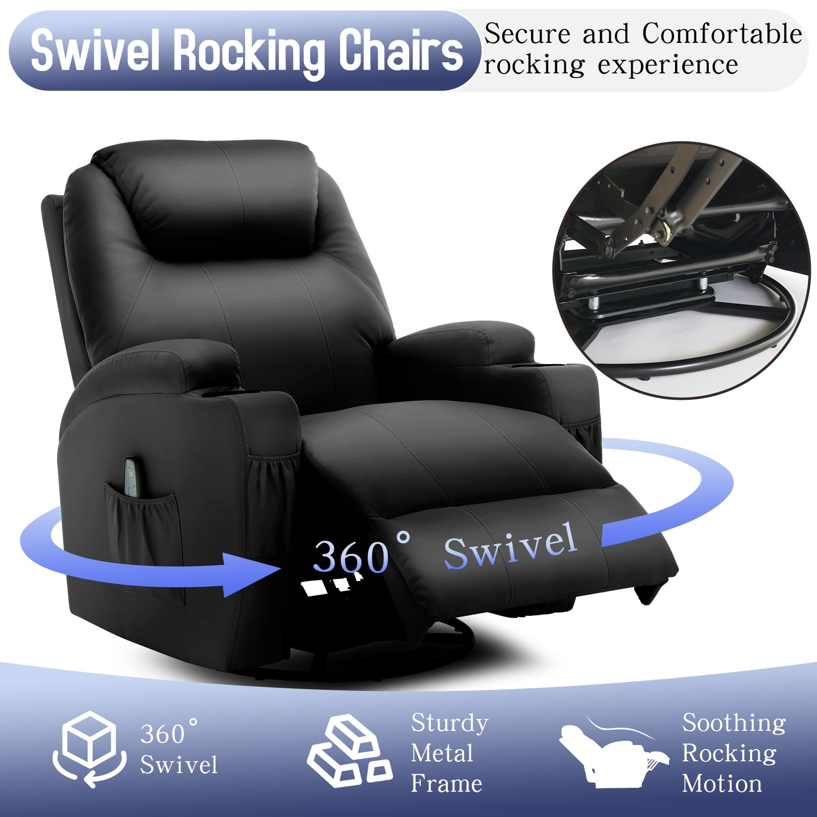 Korser Swivel Rocker Recliner Chair with Massage Faux Leather for Living Room,Black