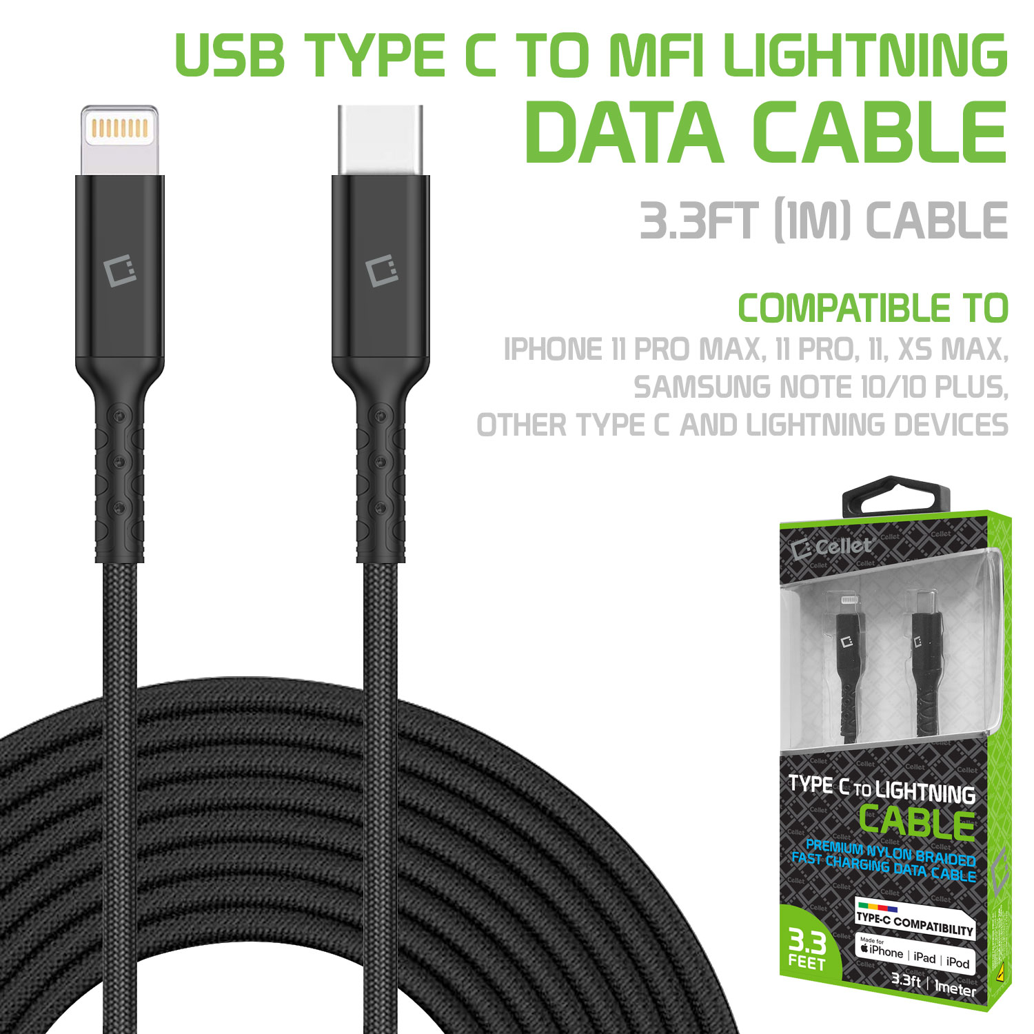 USB Type C to MFI Lightning Data Cable, Cellet 3.3ft (1m) Braided USB