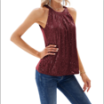 thumbnail image 2 of Tops de Lentejuelas con Cuello Halter para Mujer, Sin Mangas, Brillantes, Fruncidos, Fluidos y Brillantes, para Club, Fiestas. Vino Tinto XL, 2 of 7