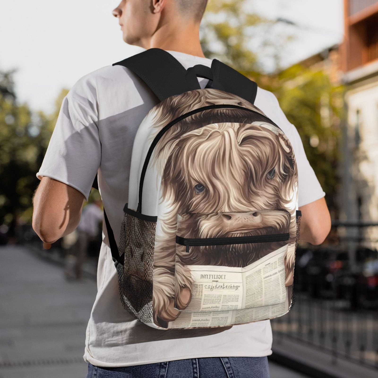 Ratiio Relaxed Cute Cow Reading Print Casual Backpack for Men and Women, Water Resistant Oxford Fabric School Bag Lightweight Travel Daypack