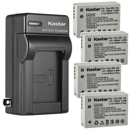 Kastar 4-Pack Battery and AC Wall Charger Replacement for Canon NB-10L NB10L  NB-10LH NB10LH Battery  Canon CB-2LC Charger  Canon PowerShot SX40 HS  PowerShot SX50 HS  PowerShot SX60 HS Cameras