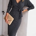 thumbnail image 2 of Vestido midi sexy de mujer con cuello en V, rayas verticales, tejido liso y lazo, 2 of 6