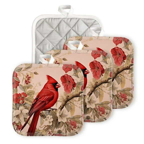 Bahomeck Pot Holder 4Pcs,Red Cardinal Bird Perched On Elegant Floral Patterned Square Heat Resistant Hot Pads For Kitchen Cooking Oven With Hanging Loop Potholder Easy To Store