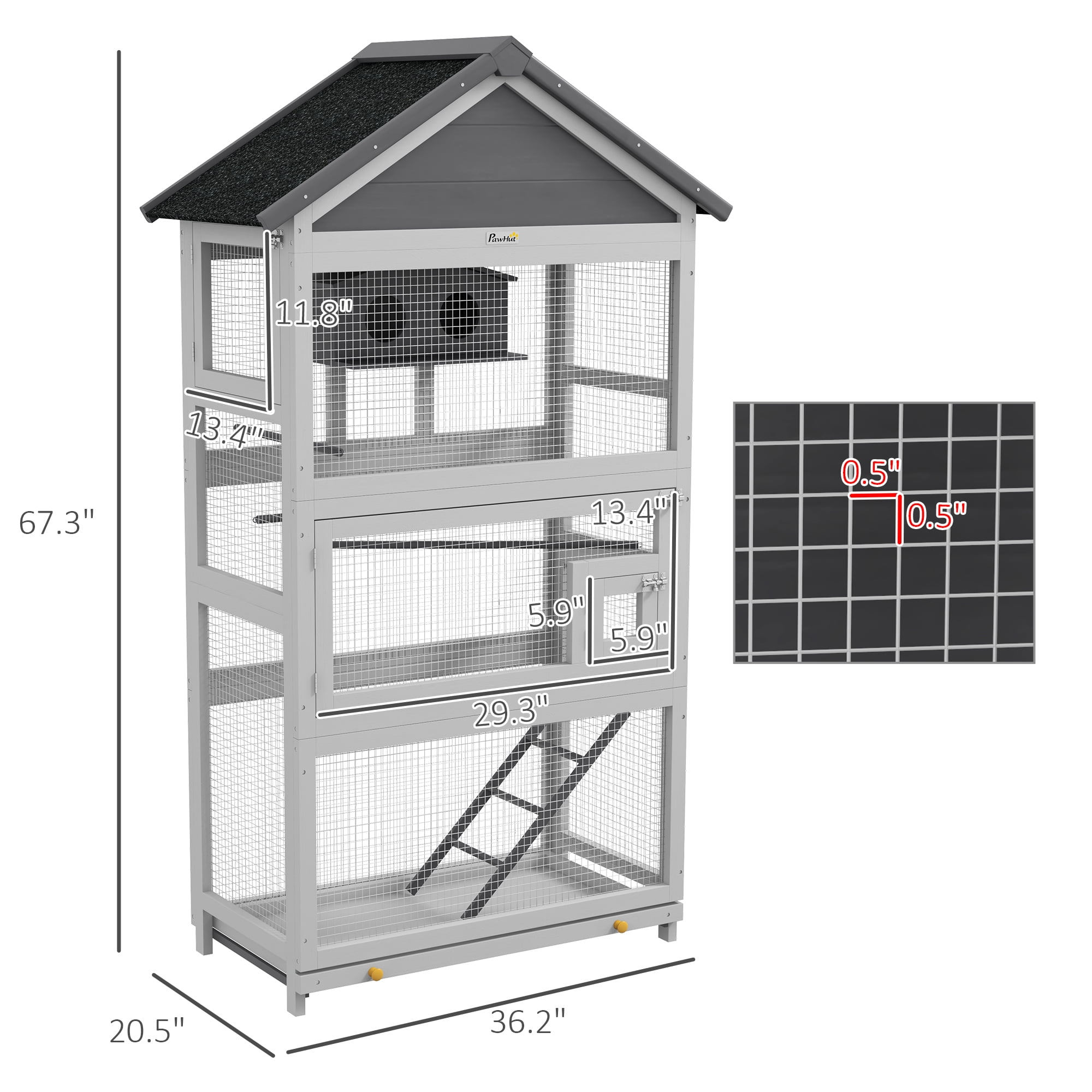 PawHut Wooden Bird Aviary with Slide-Out Tray, Birdhouse, Ladder, Perches