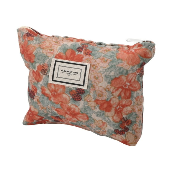 Unique Bargains 1 Pc Orange Flower Makeup Bag for Travel Orange Corduroy