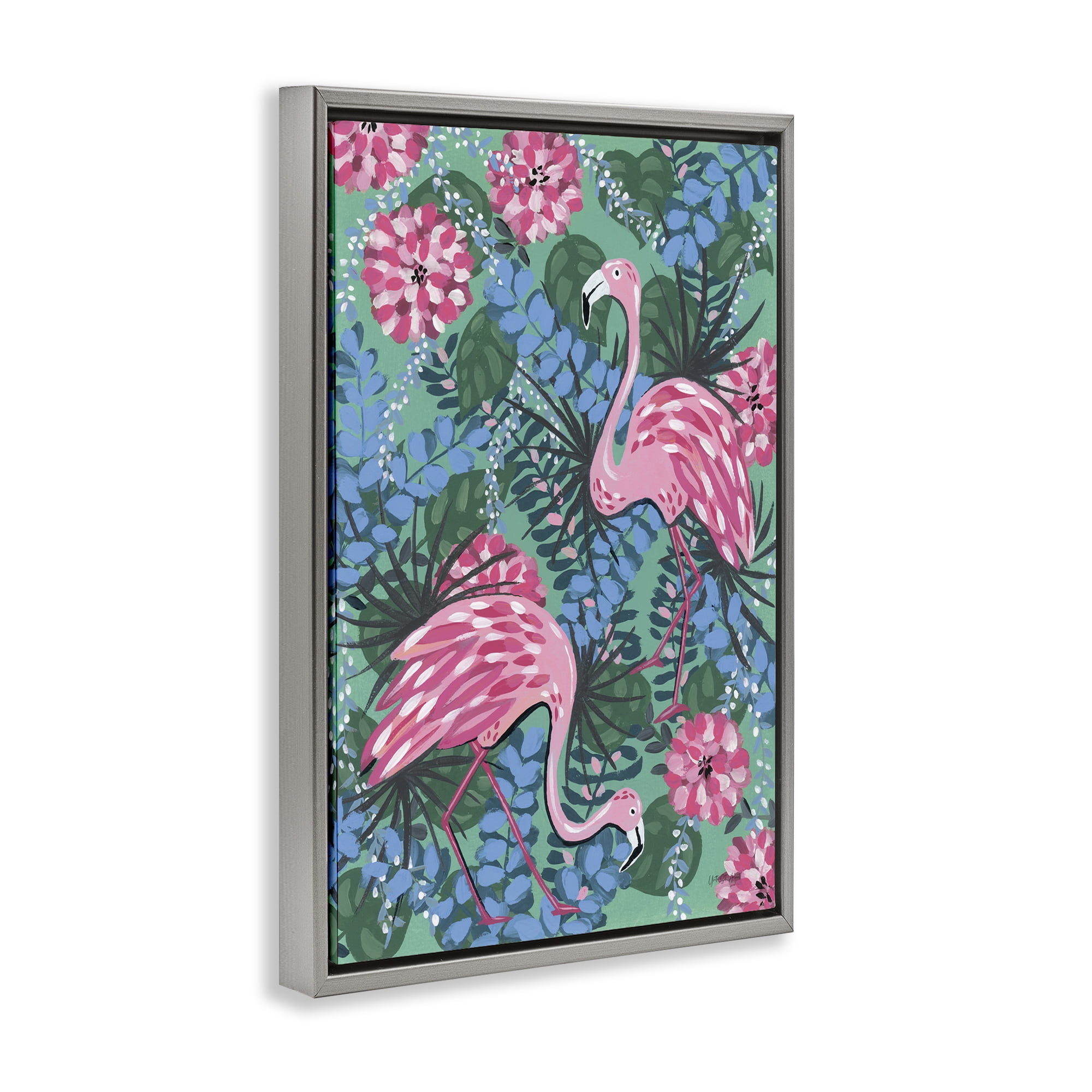 Stupell Industries Maximalist Flamingos Pattern Animals & Insects Painting Gray Floater Framed Canvas Art Print Wall Art, 21 x 31