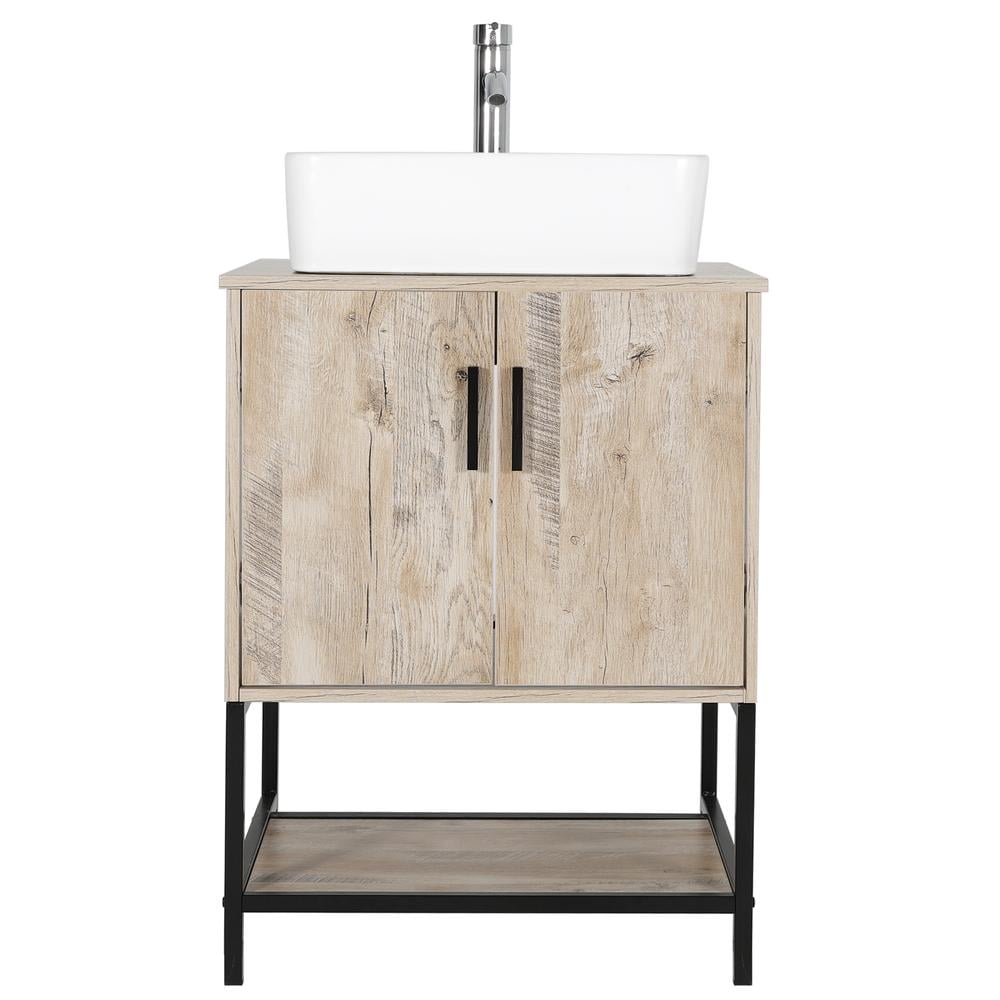 Eclife 24" Farmhouse Bathroom Vanity with Rustic Oak Wood Top,White Ceramic Sink, Water Save Faucet,Solid Brass Pop Up Drain